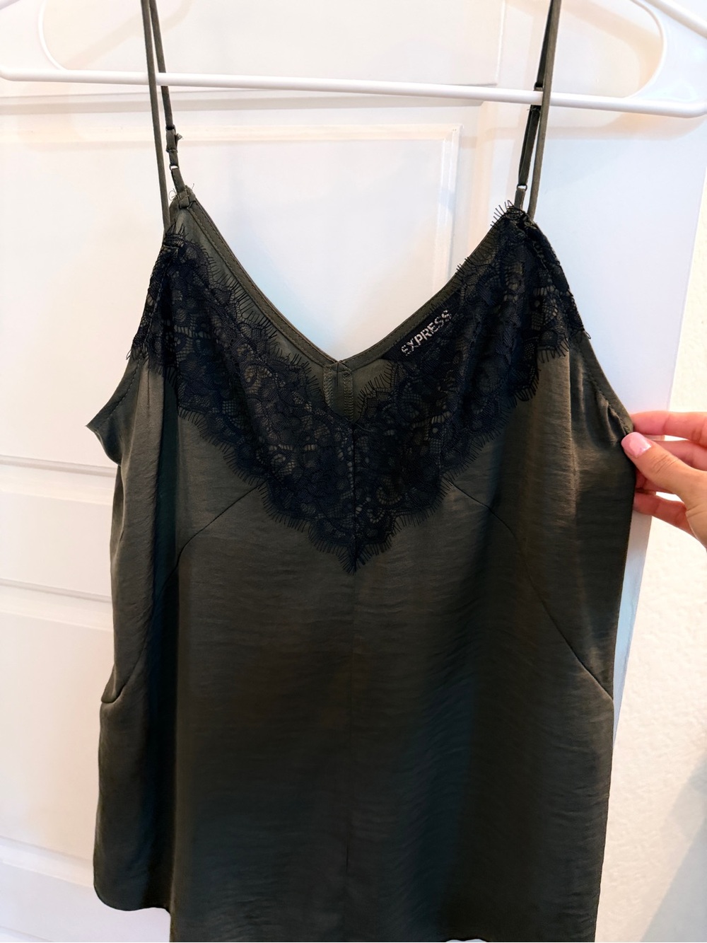 NWT Express Olive Green Satin Cami with Black Lace Trim